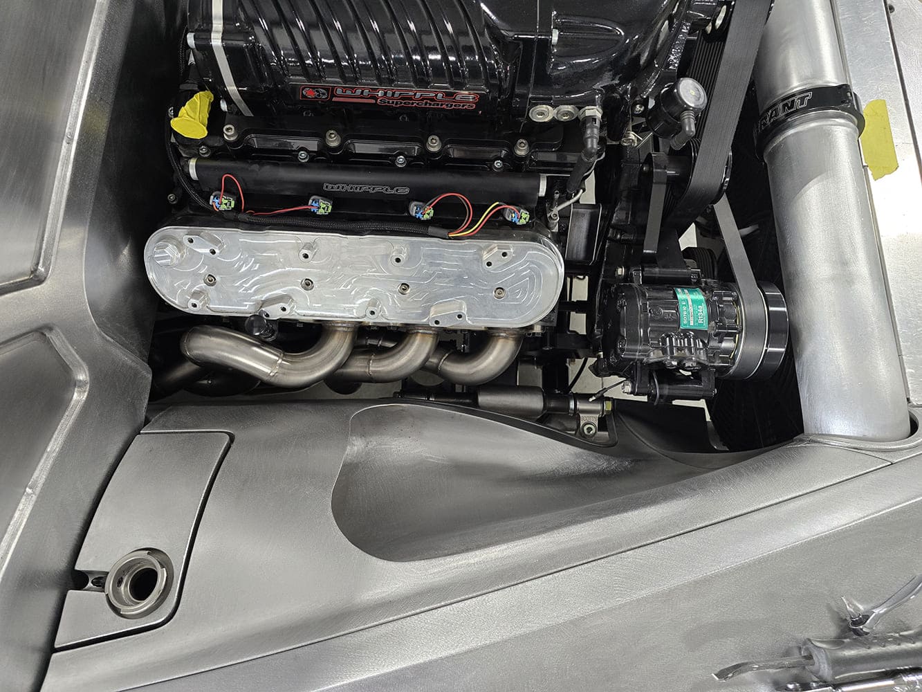 17 1951 Chevy Whipple supercharged LS serpentine system passenger engine bay view