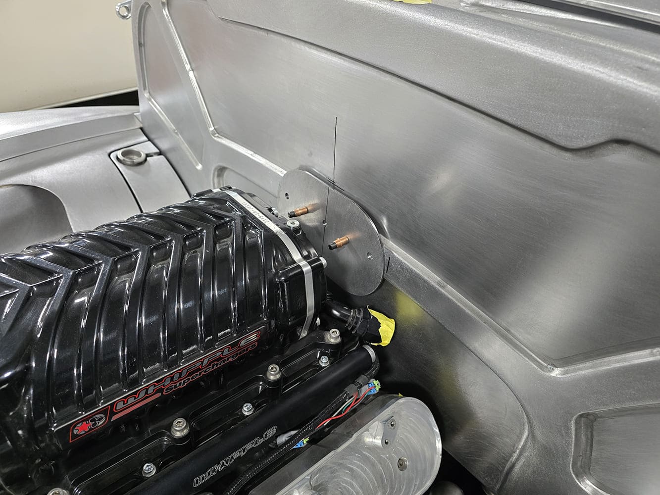 18 1951 Chevy Whipple blower firewall closeup custom coil cover billet mounts