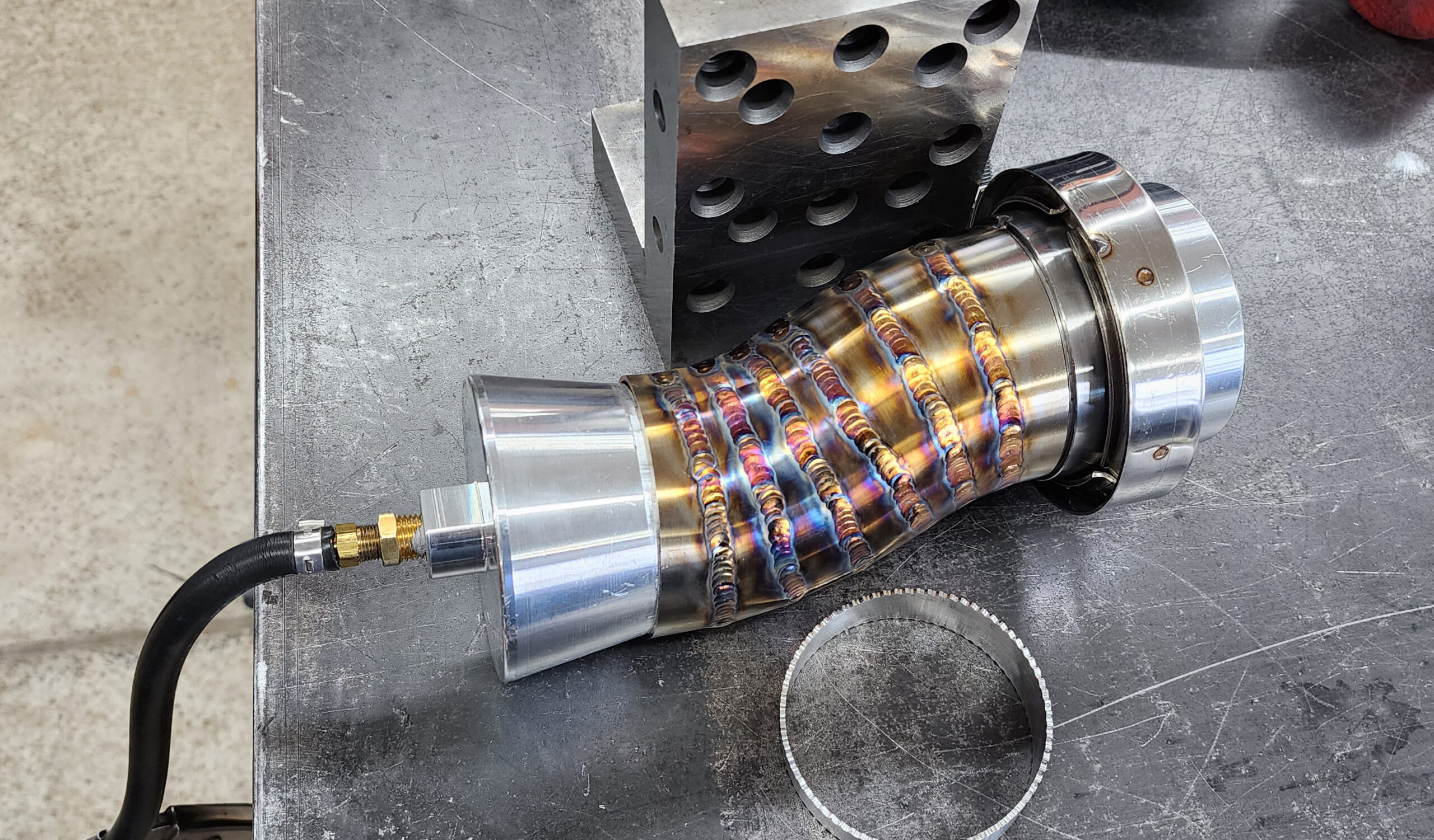 18 Multi welded flex section aluminum end caps brass fitting fabrication block setup