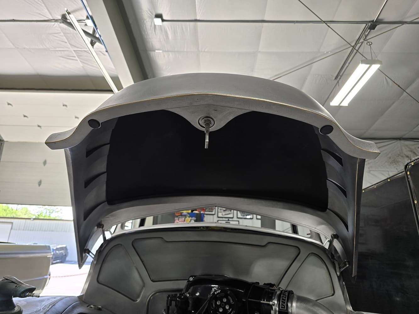 20 1951 Chevy hood installed custom bracing underside latch in raw sheetmetal finish