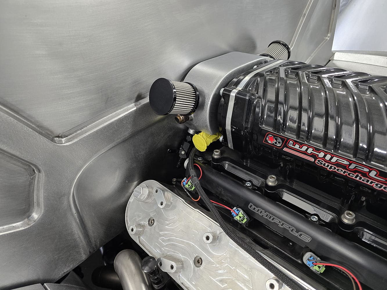 24 1951 Chevy Whipple blower breathers custom dual filters firewall mounted aluminum tank