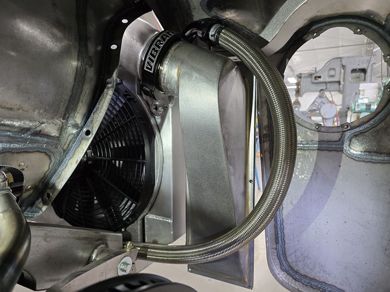 25 1951 Chevy Vibrant coupler radiator ducting twin electric fan behind custom fab shroud