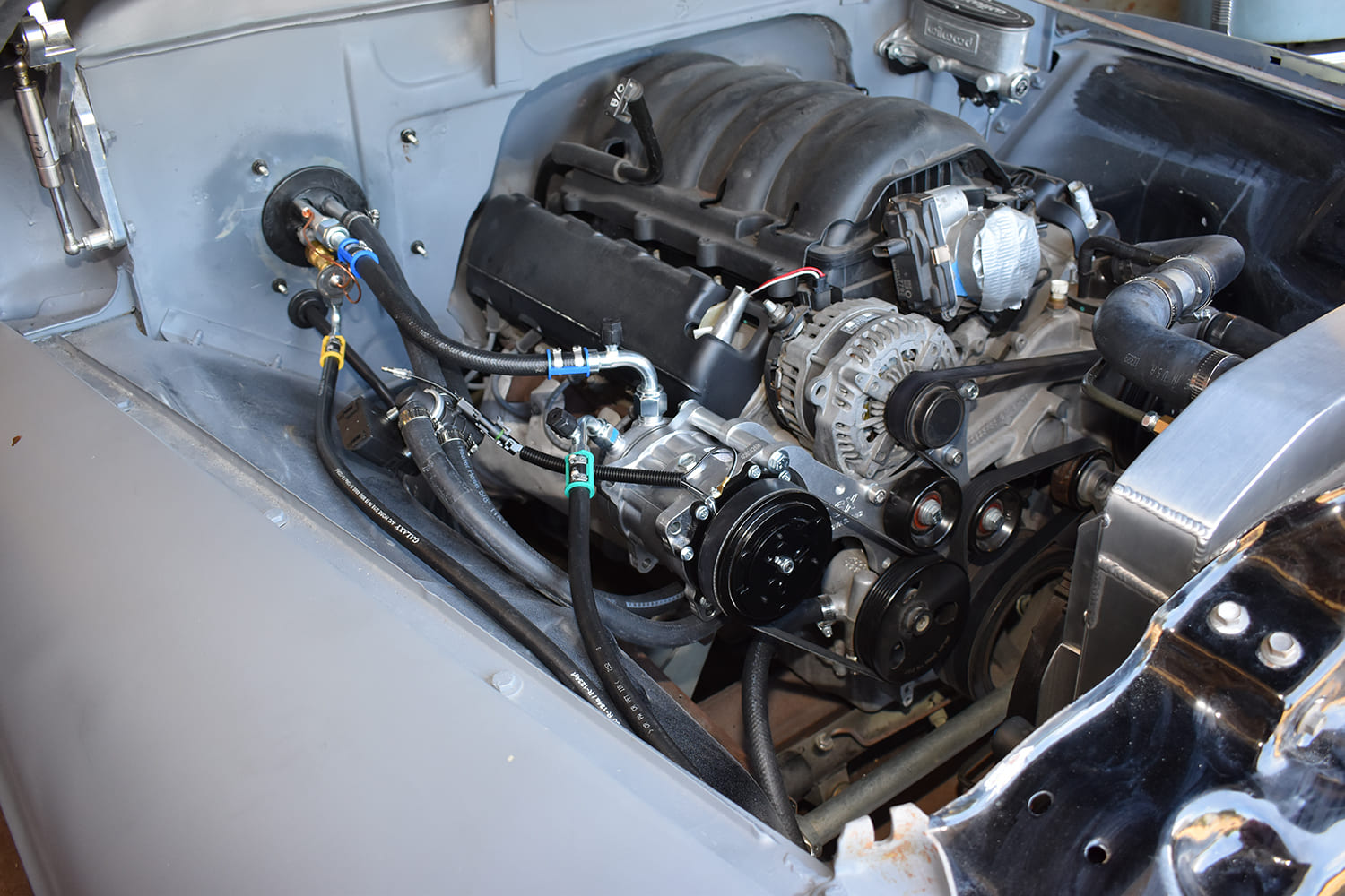 26 1951 Chevy LS engine bay full AC system mockup lines routed compressor installed