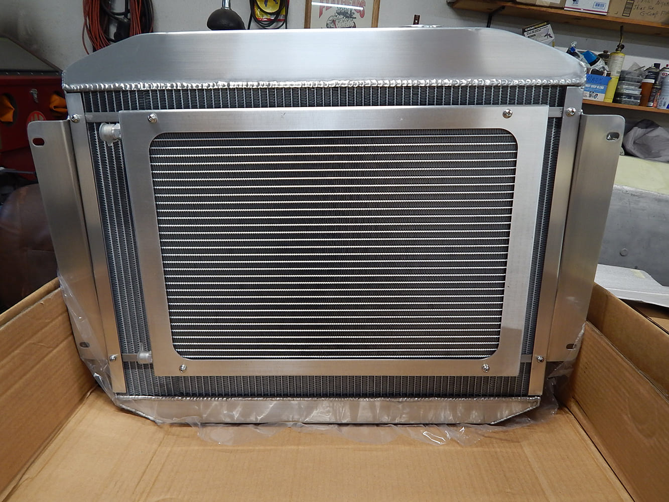 27 1951 Chevy aluminum radiator with integrated AC condenser and billet frame