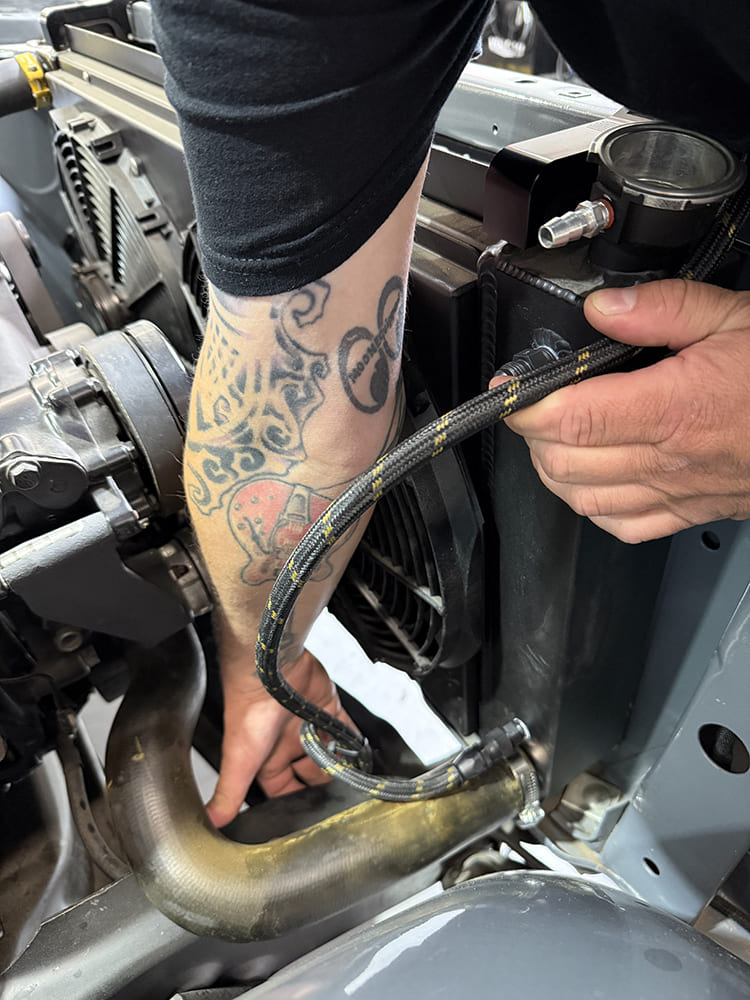 27 Routing braided transmission line around lower radiator hose for test fit