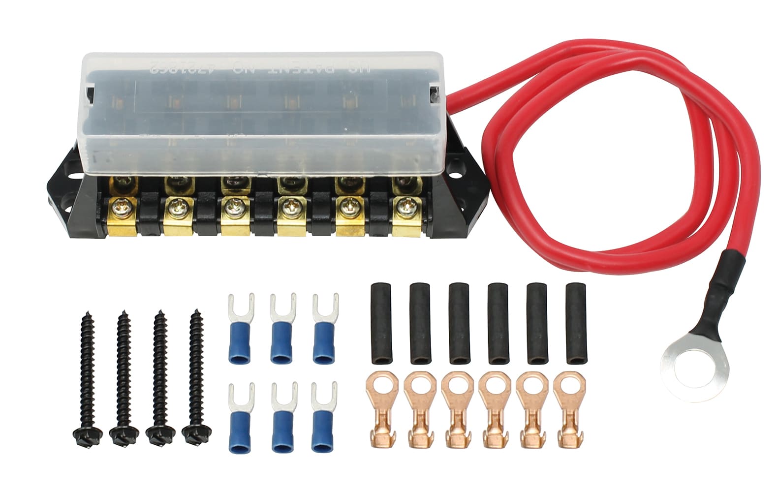 31 Eight screw terminal block gold plates clear cover red cable ring terminal