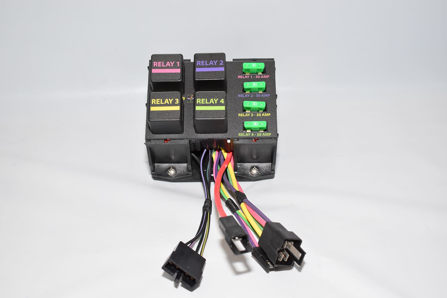 32 Four relay fuse block colored wires 30 AMP green fuses relay labels