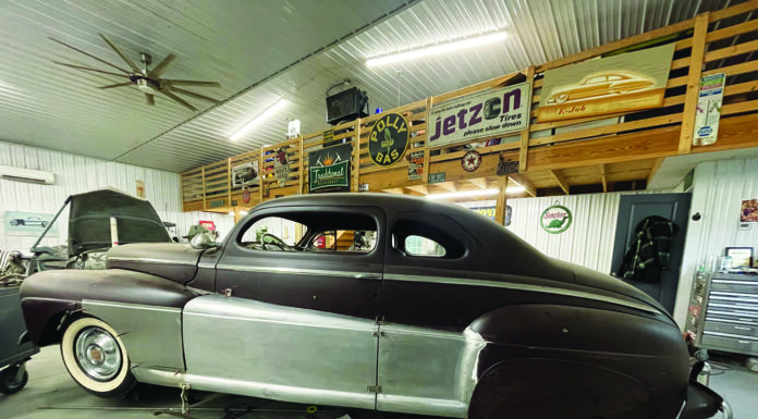 01 1947 Ford coupe in shop fadeaway fender metalwork mockup traditional custom build