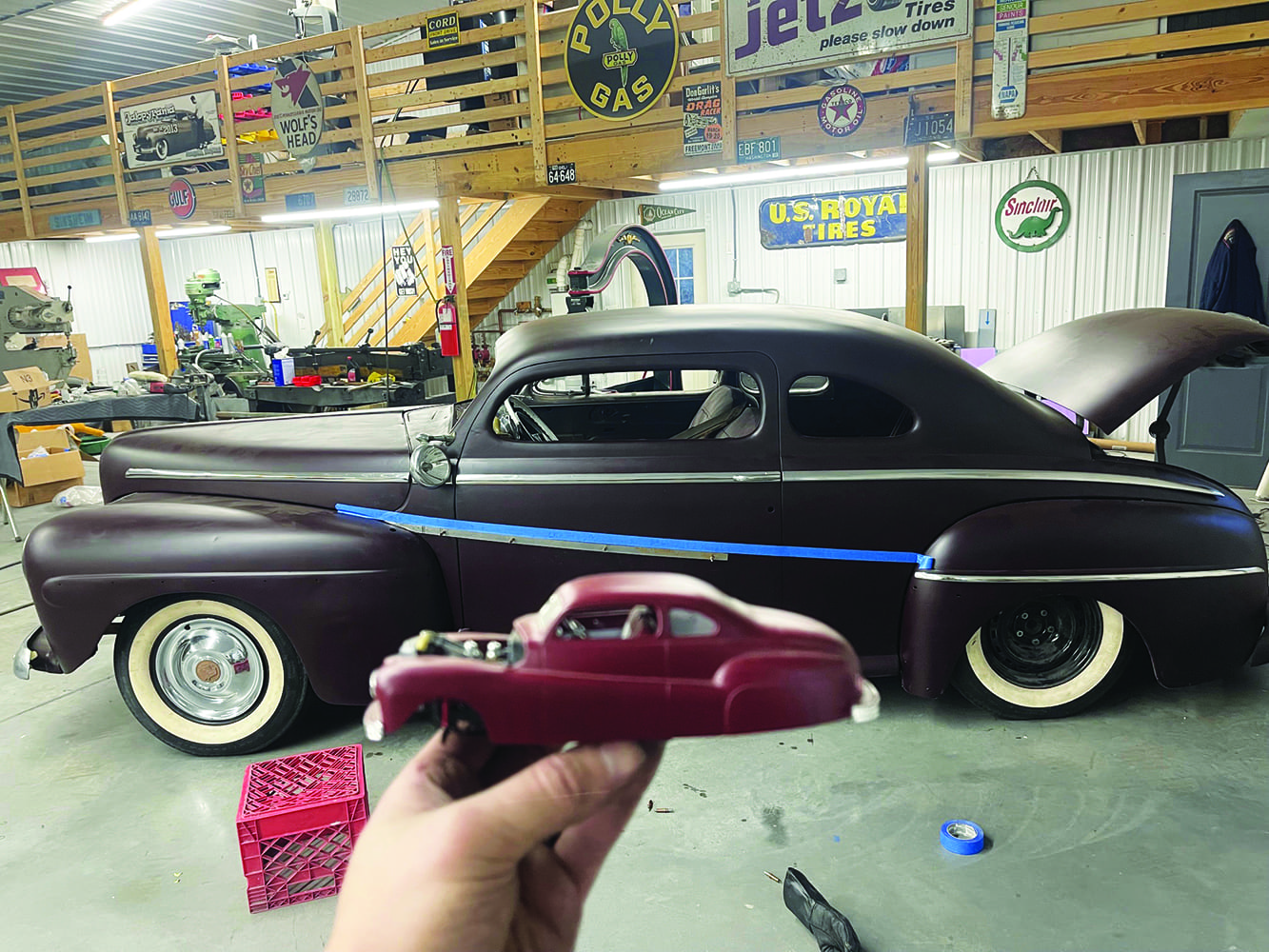 02 1947 Ford coupe with model car custom fadeaway fenders layout shop background