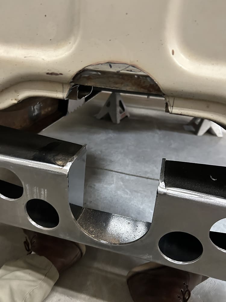 10 Chevrolet C10 custom chassis crossmember body notch modification lightening holes fabrication