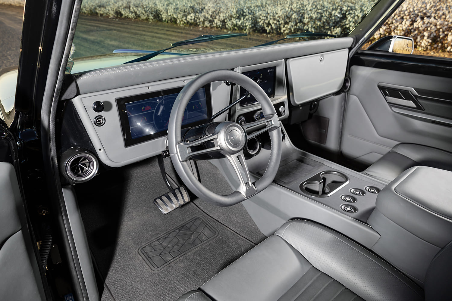 11 Modern custom interior dash steering wheel grey leather digital displays 1968 Chevy C10 truck