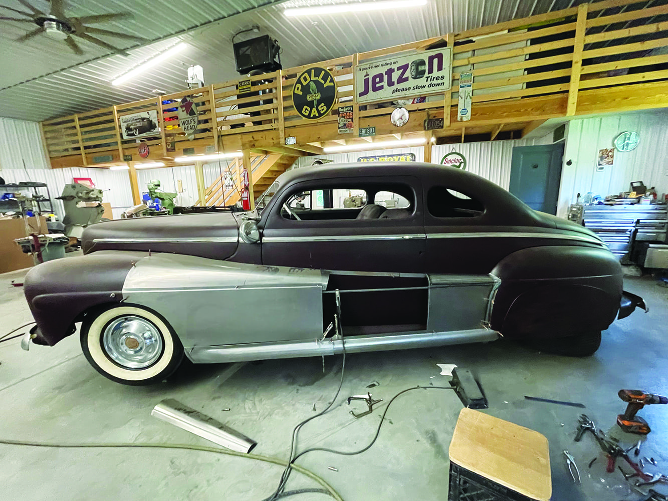 12 1947 Ford coupe door open custom fadeaway fender panels workshop tools scattered