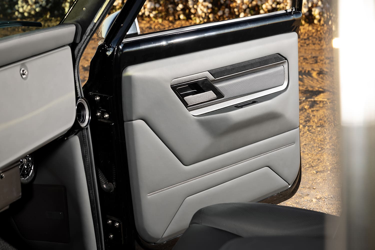 12 Custom grey padded door panel metallic handle 1968 Chevrolet C10 truck interior detail
