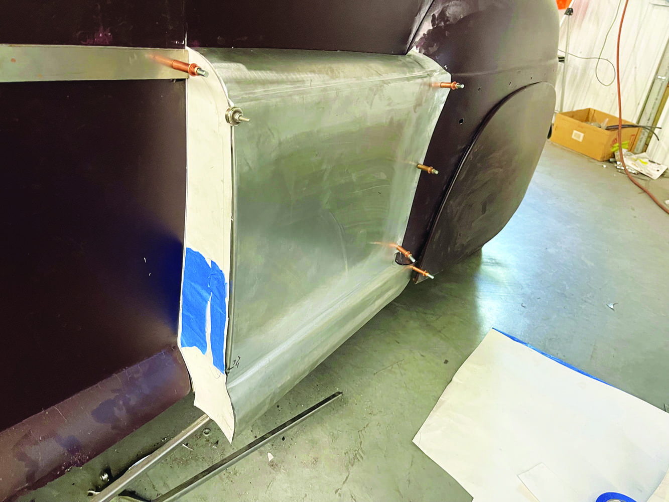 17 1947 Ford coupe paper template on fadeaway fender blue tape fabrication marking