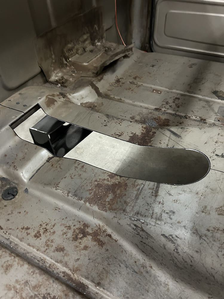 22 Custom rectangular transmission tunnel modification shiny metal tube 1960s Chevy C10 floor