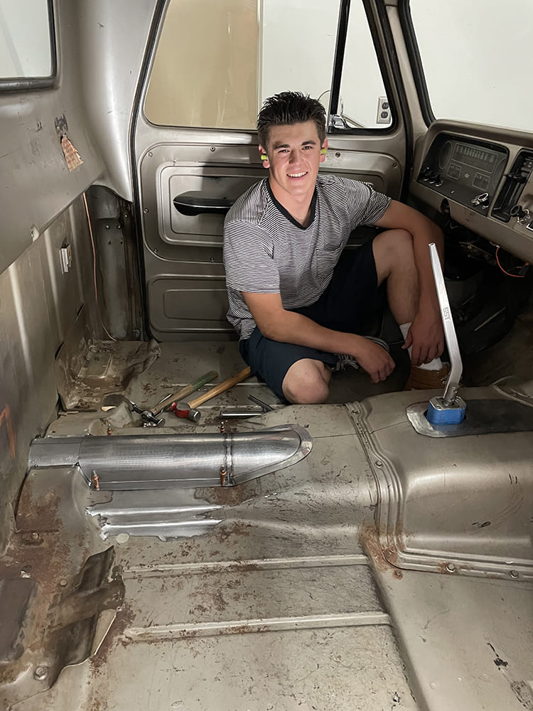 25 Teenage boy with tools transmission tunnel cover cleco fasteners 1960s Chevrolet C10