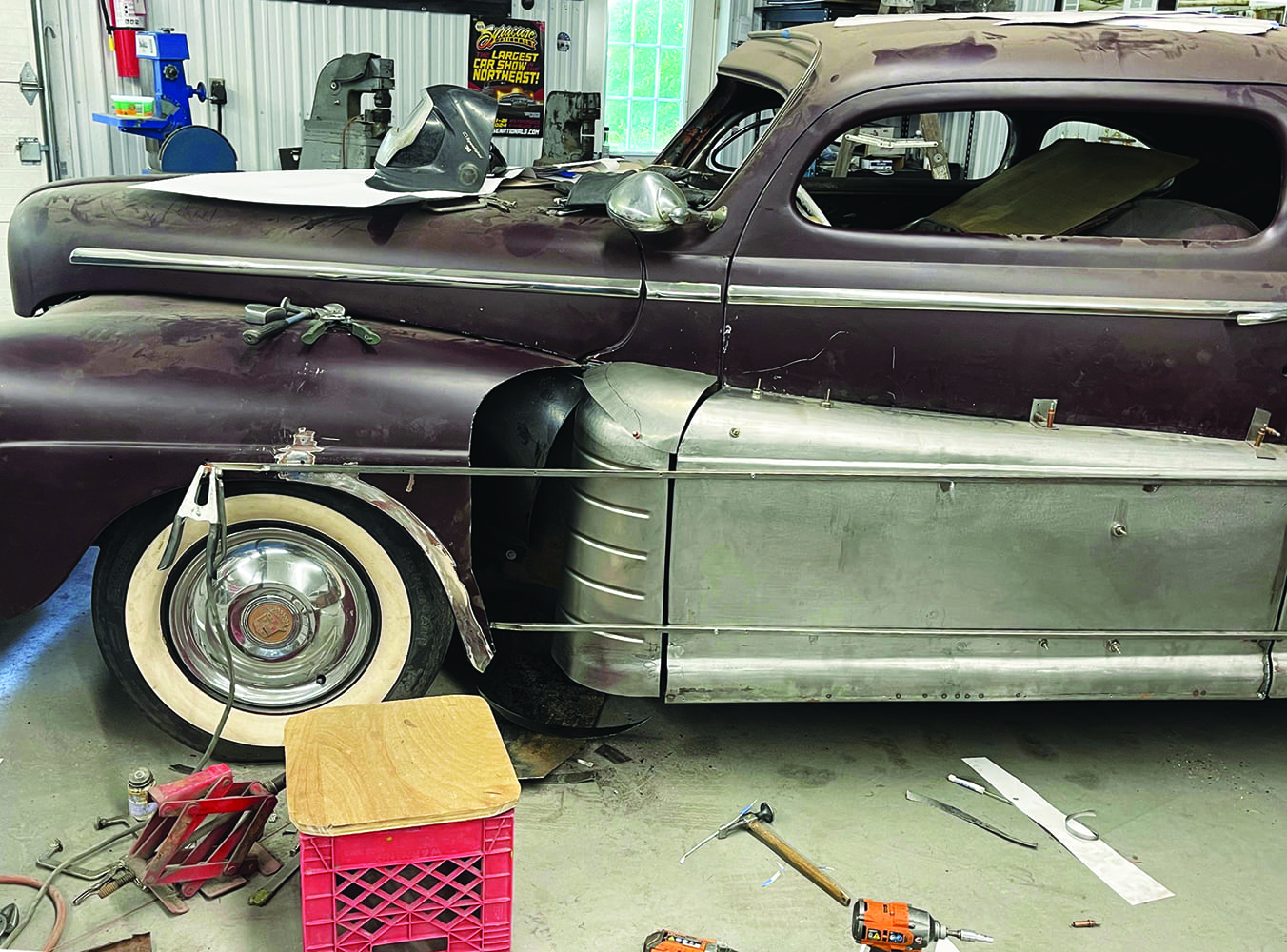 28 1947 Ford coupe ribbed fadeaway fender panel fitted jack stand tools and crate in view