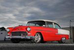 001 1955 chevy bel air aerial view red white paint vintage coupe restored exterior