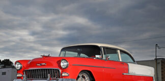001 1955 chevy bel air aerial view red white paint vintage coupe restored exterior