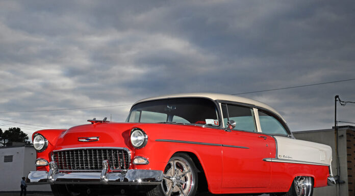 001 1955 chevy bel air aerial view red white paint vintage coupe restored exterior