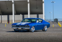 001 1969 Chevelle SS Pro Touring blue white stripes staggered wheels lowered stance chrome bumper Z28 badge