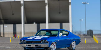 001 1969 Chevelle SS Pro Touring blue white stripes staggered wheels lowered stance chrome bumper Z28 badge
