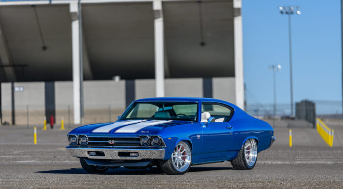 001 1969 Chevelle SS Pro Touring blue white stripes staggered wheels lowered stance chrome bumper Z28 badge
