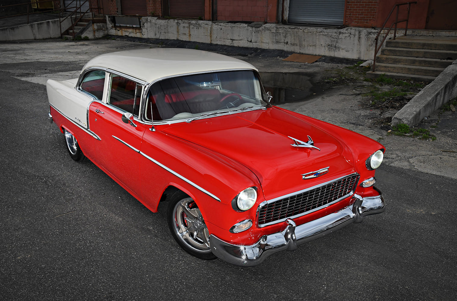 002 1955 chevy bel air aerial view red white paint vintage coupe restored exterior
