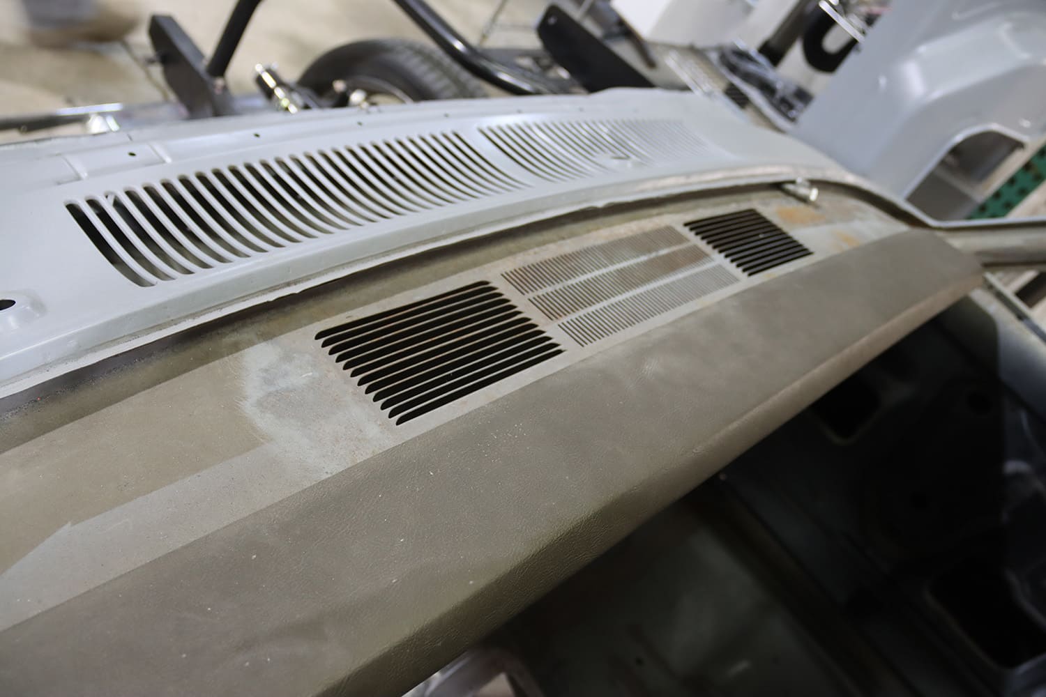 002 1967 Nova original dash and cowl with factory defrost and air vents pre modification close up