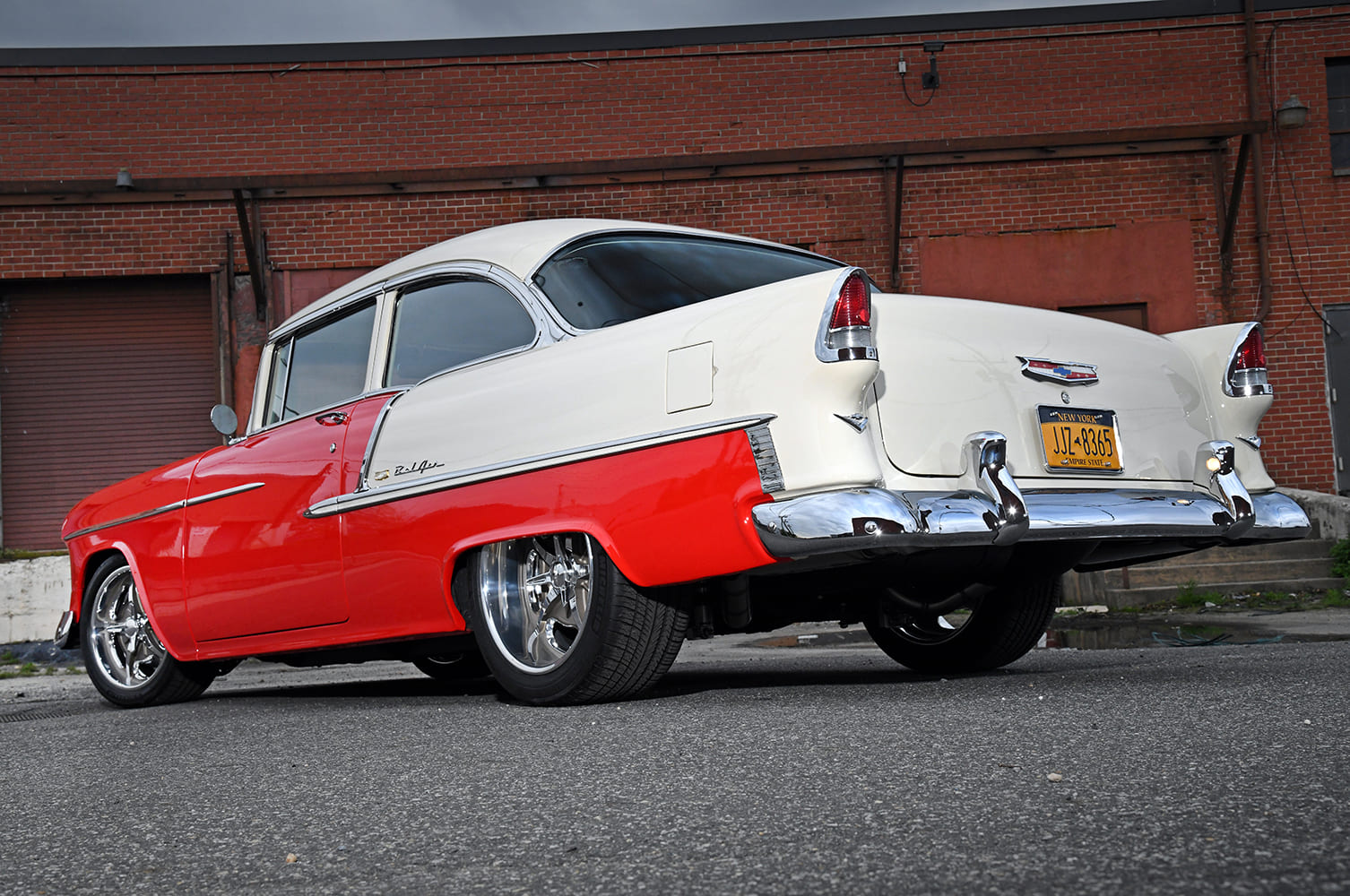 003 1955 chevy bel air rear angle two tone classic chrome bumper lowered stance