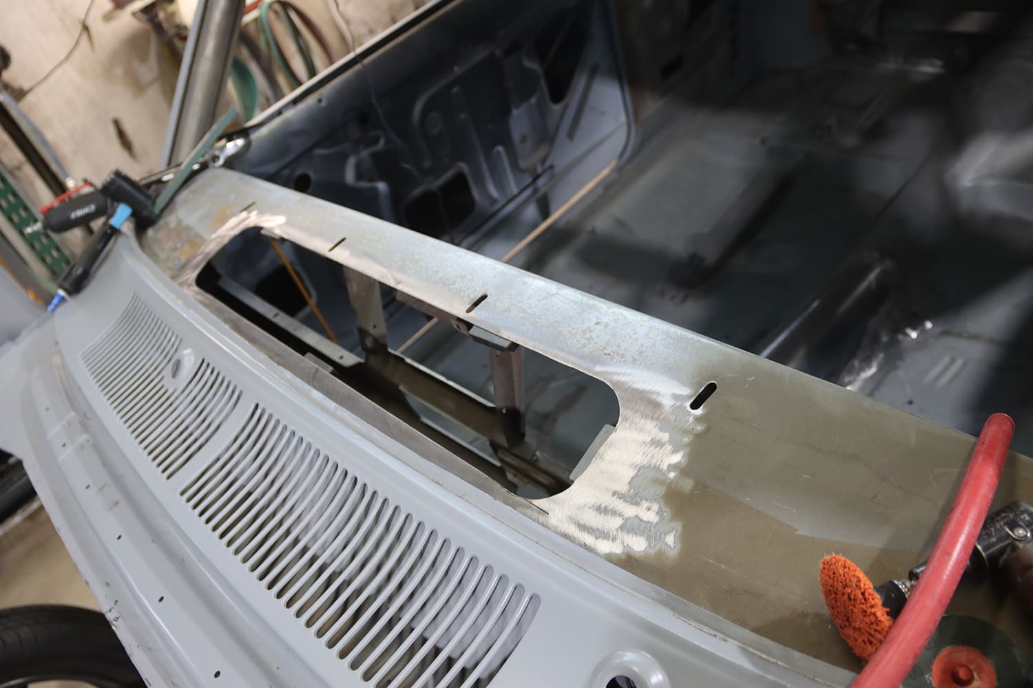003 1967 Nova cowl cutout process exposed inner dash structure sheet metal prep custom metalwork