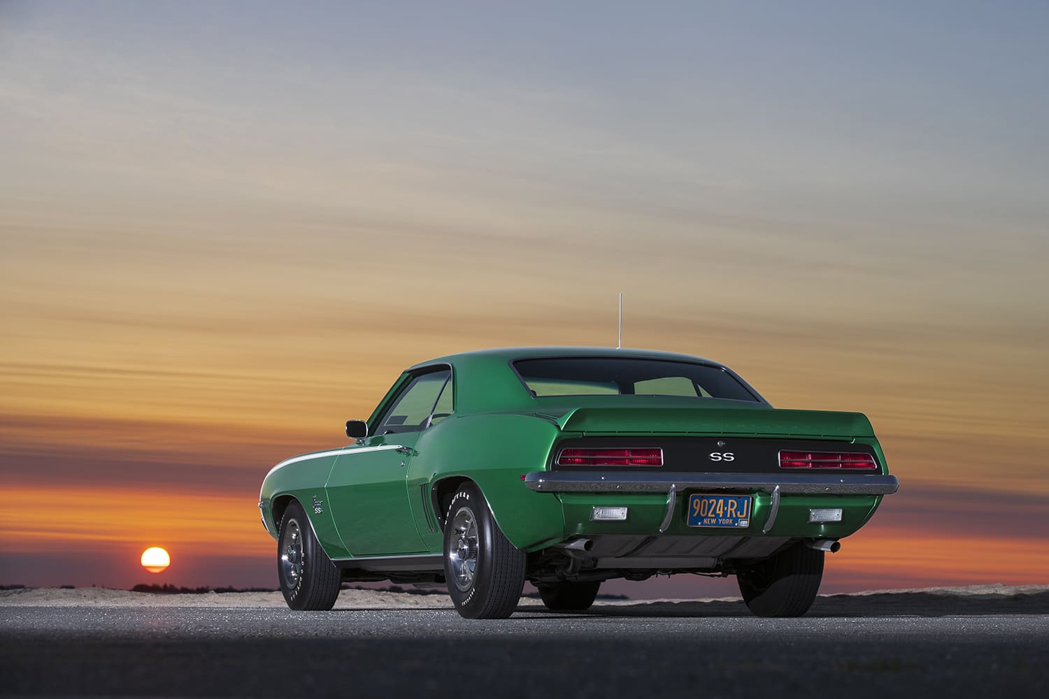 004 1969 Camaro SS rear sunset shot ducktail spoiler chrome bumper