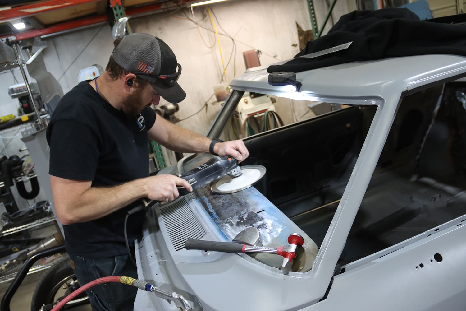 005 1967 Nova cowl smoothing grinding welds metal finish work pro touring custom bodywork