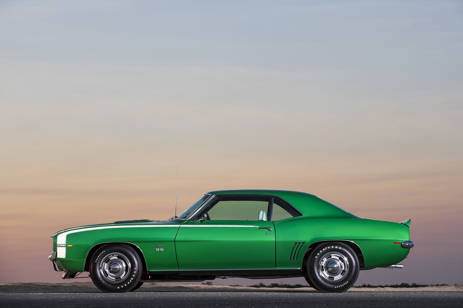 005 1969 Camaro SS rear sunset shot ducktail spoiler chrome bumper