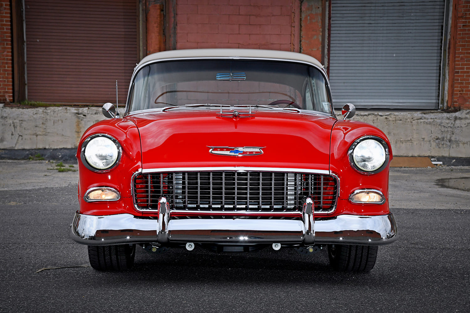 006 1955 chevy bel air front view chrome grille headlights red paint classic