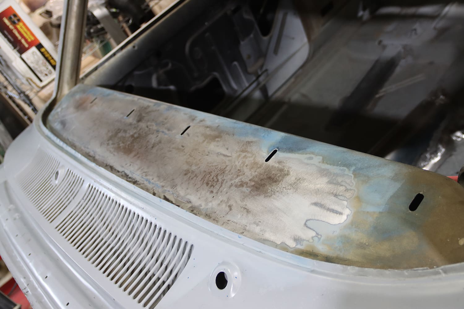 006 1967 Nova smoothed cowl metal finished surface removed factory vents for modern clean look