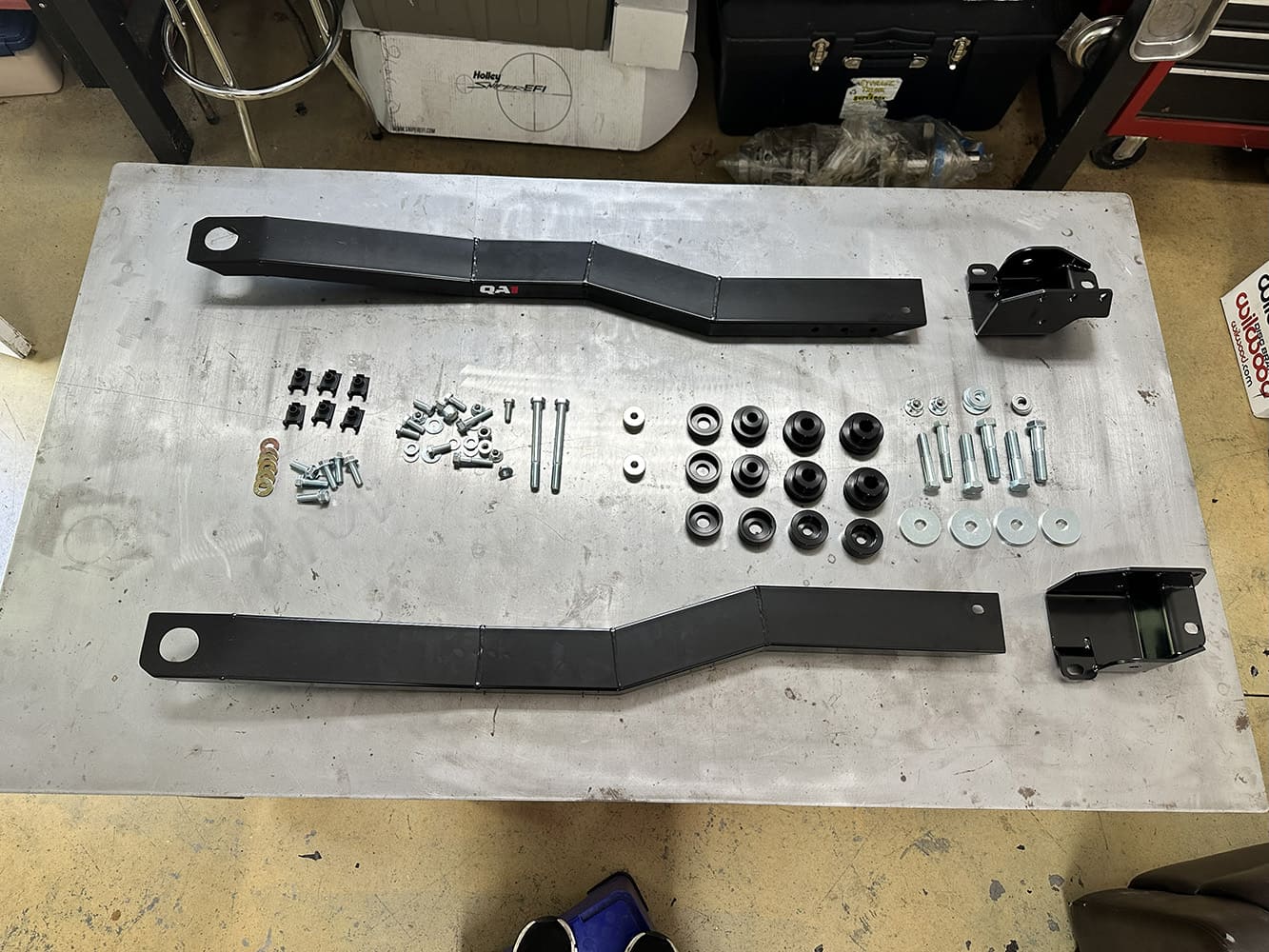 006 1978 camaro subframe connectors and mounting hardware laid out