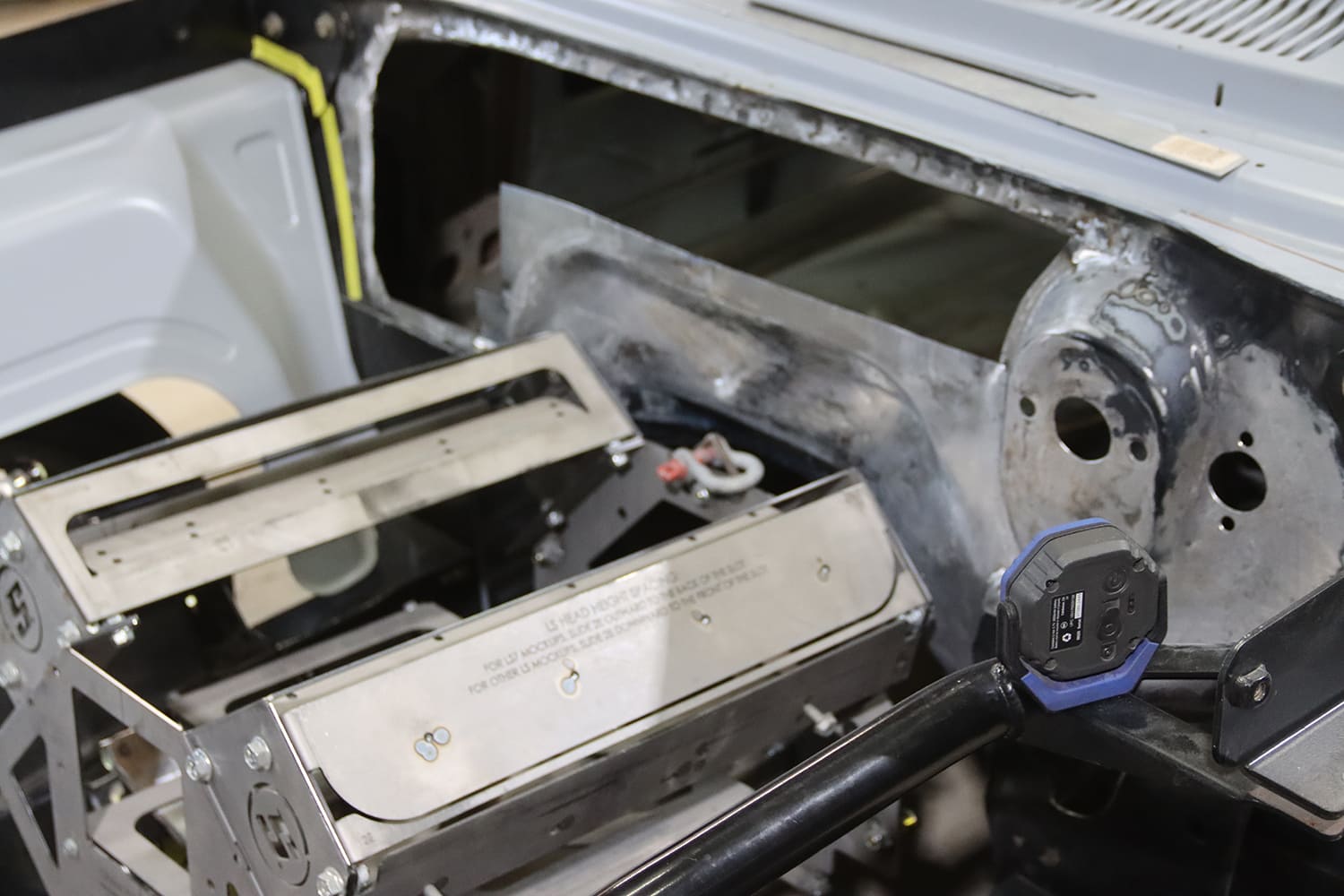 007 1967 Nova firewall and cowl mockup with AC system mount Vintage Air smoothed firewall fab