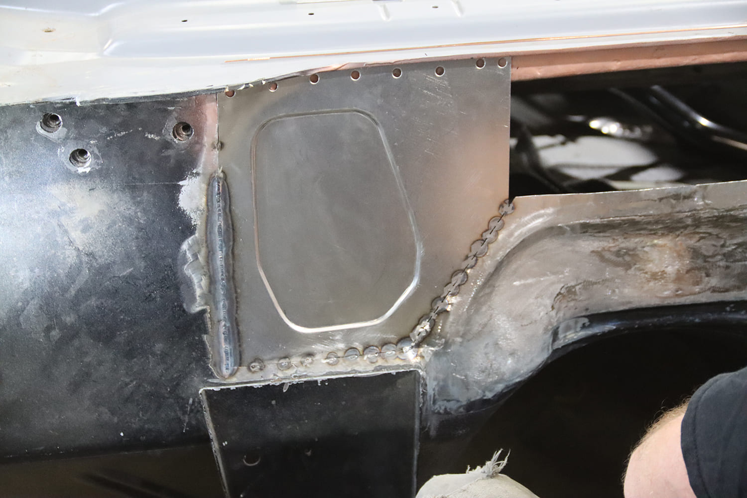 008 1967 Nova close up welded patch panel firewall reinforcement shaved holes sheet metal work