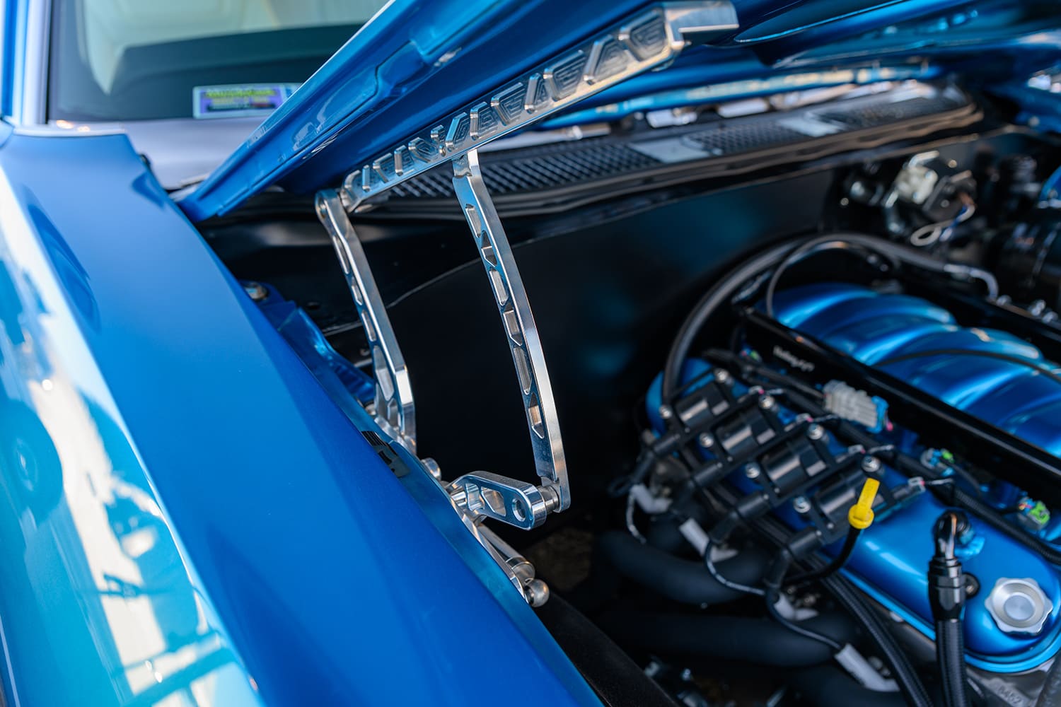 011 1969 Chevelle SS billet hood hinge LS engine bay anodized finish Pro Touring hardware