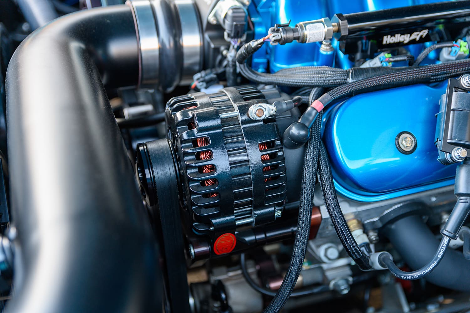 012 1969 Chevelle SS Pro Touring black billet alternator Holley EFI blue valve covers close up