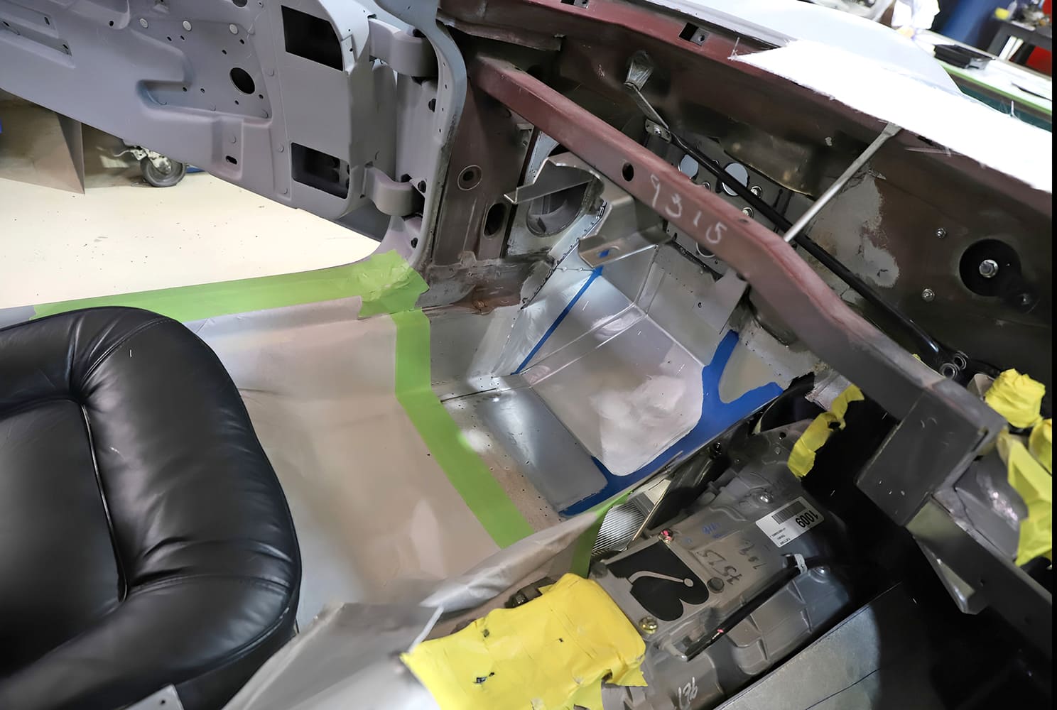 017 1965 Corvette front floor pan layout with tape guides for shaping