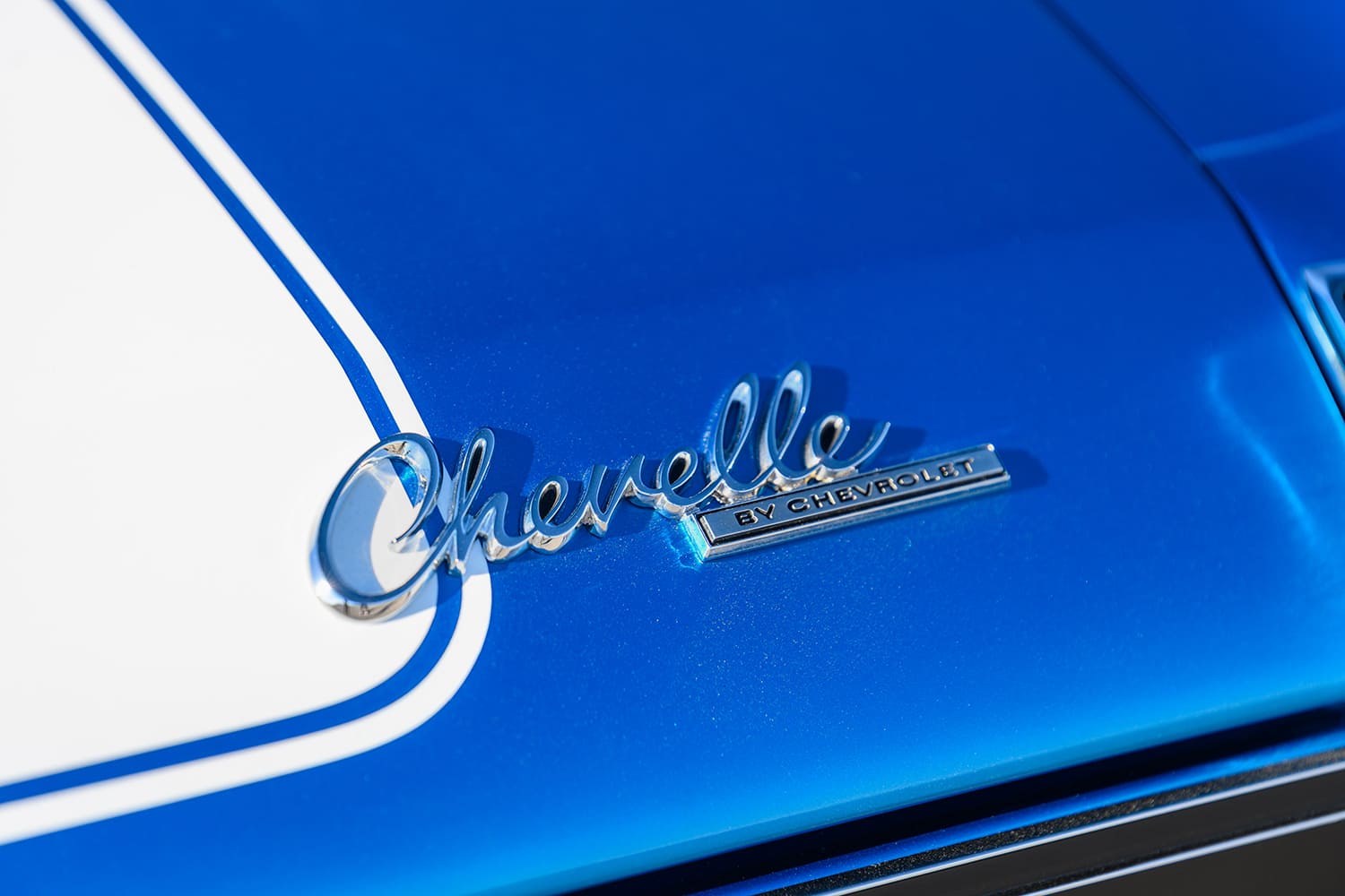 017 1969 Chevelle SS rear deck Chevelle script badge white rally stripe blue paint