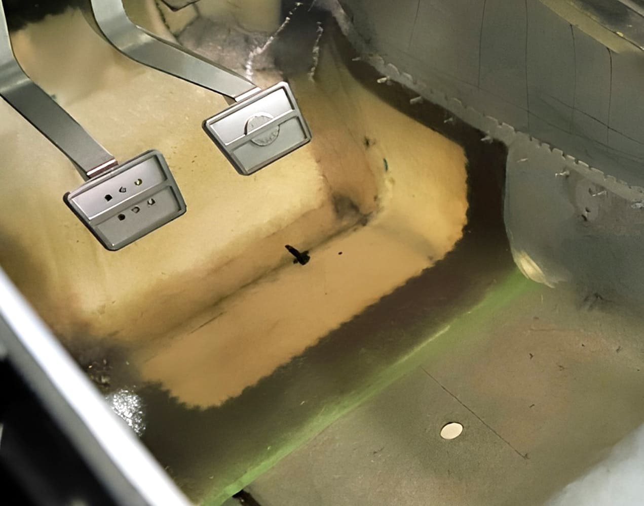 018 1965 Corvette pedal box area with aluminum firewall and modern pedal mounts