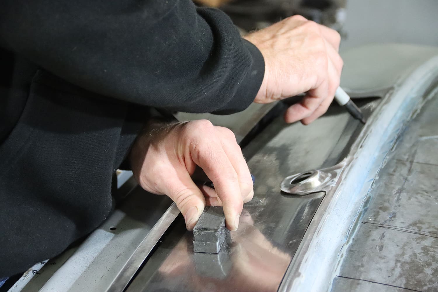 018 1967 Nova filler panel marked for trimming using magnet block and fine line scribe