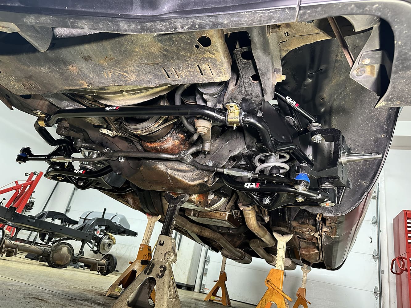 018 1978 camaro full qa1 front suspension install underside wide view