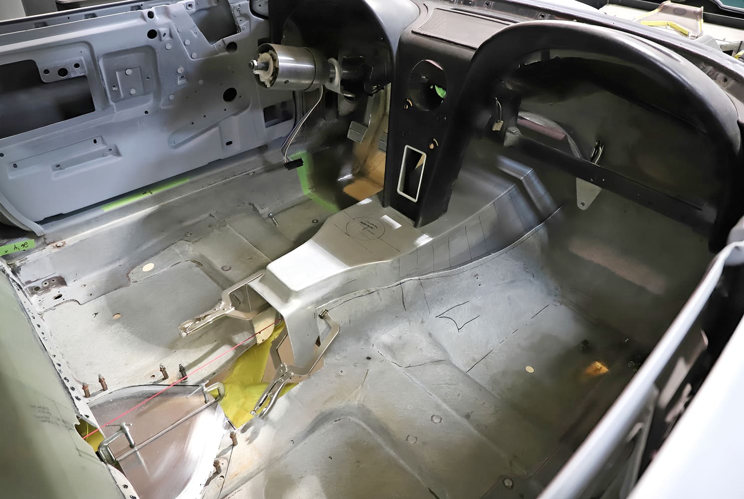 020 1965 Corvette interior floor structure with smoothed pans and dash bracing