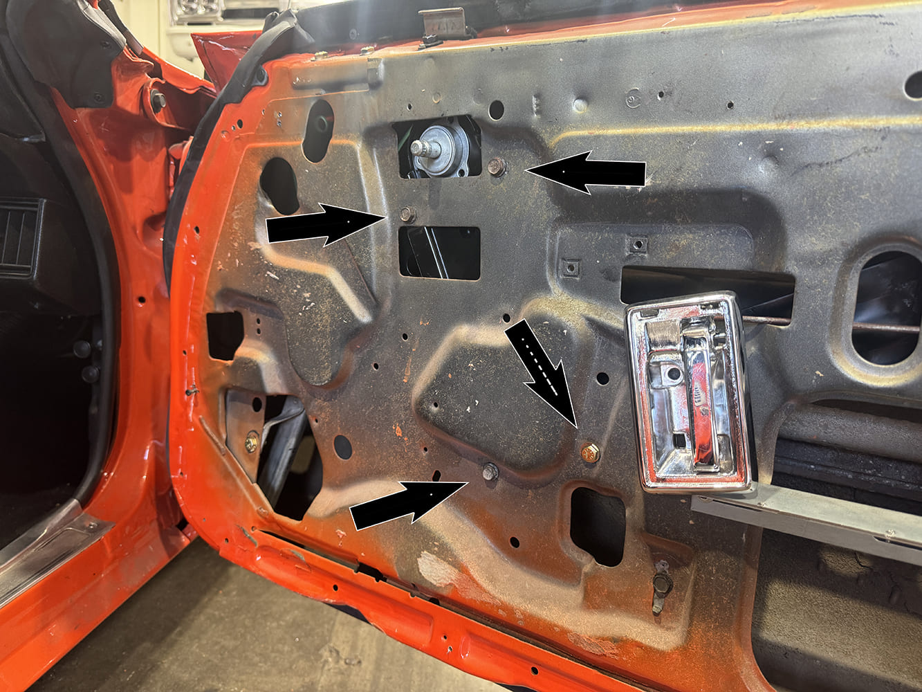 020 1971 camaro window regulator bolt locations marked on door shell