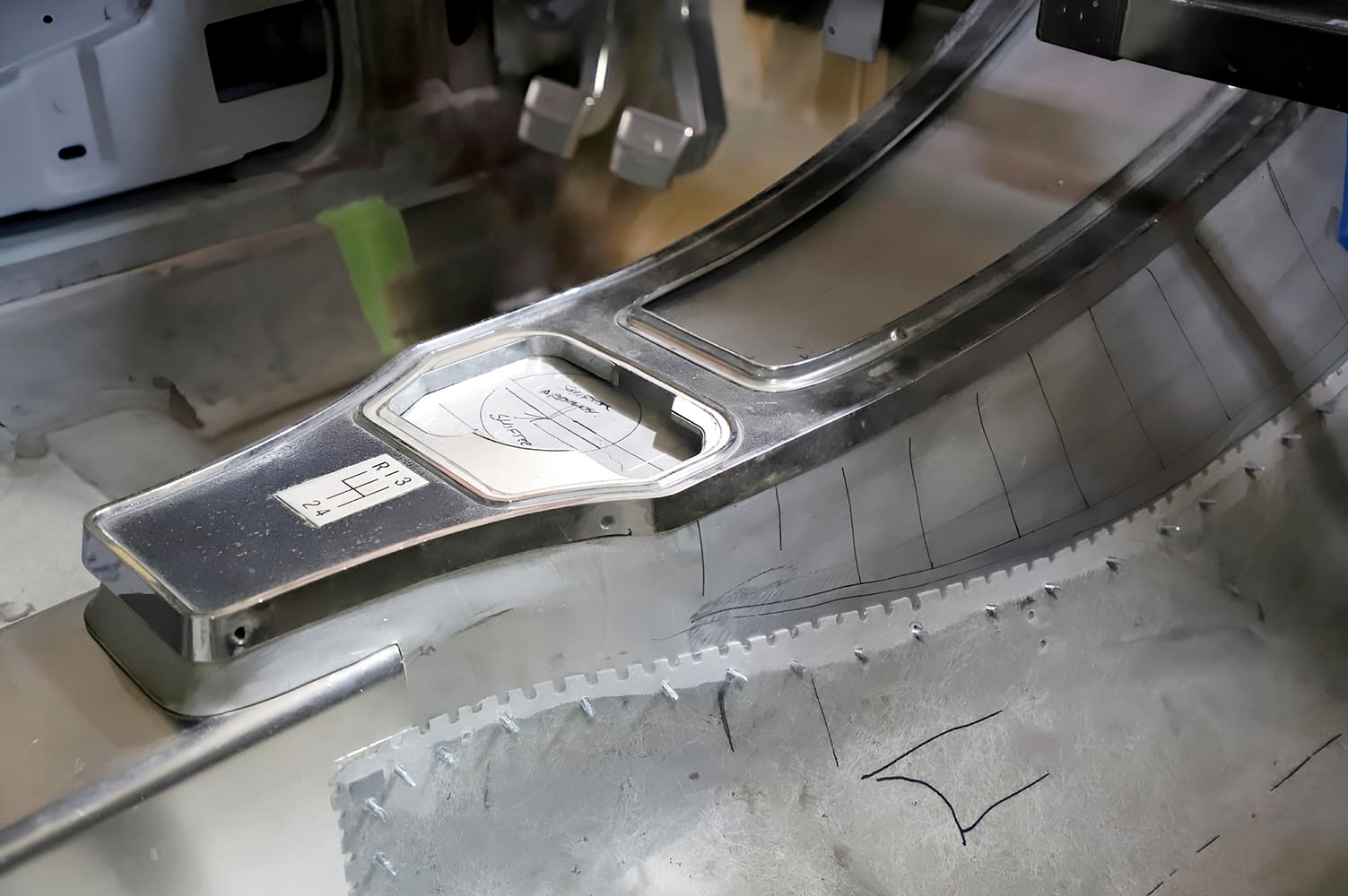 021 1965 Corvette console mock up with manual shifter plate and tunnel reshaping