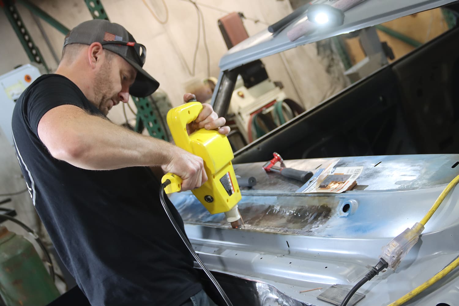 024 1967 Nova cowl panel smoothed using electric heat shrinker tool and hammers for final shaping